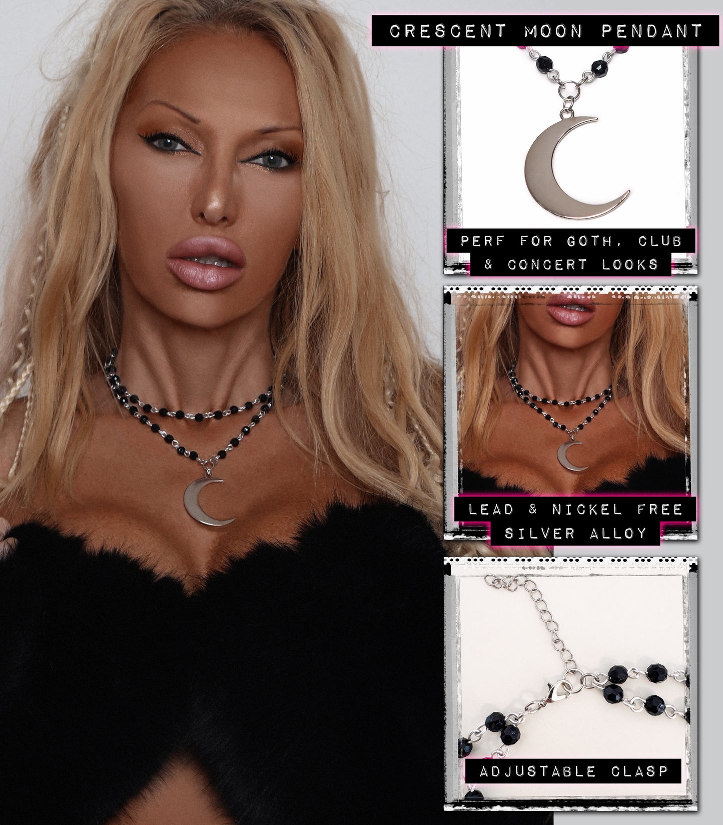 Dual Layer Black Faceted Bead Necklace with Silver Crescent Moon Pendant Charm