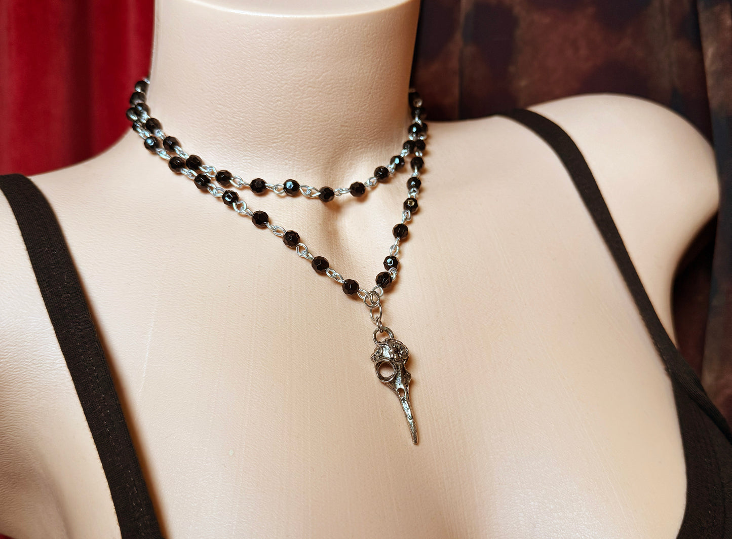Gothic Silver Raven Skull Dual-Strand Beaded Necklace