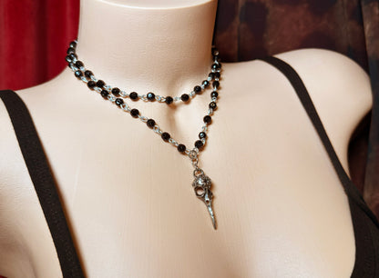 Gothic Silver Raven Skull Dual-Strand Beaded Necklace
