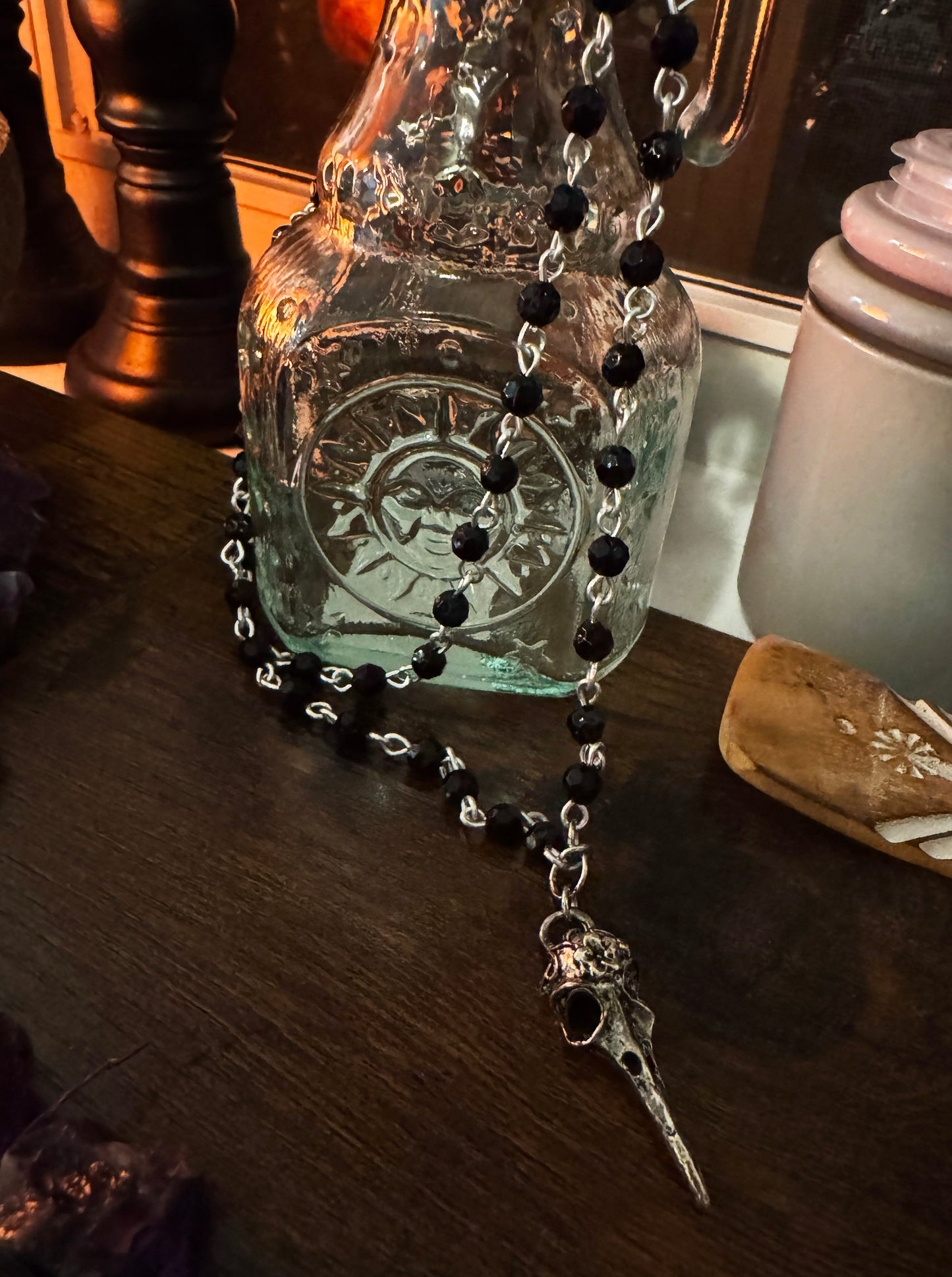 Gothic Silver Raven Skull Dual-Strand Beaded Necklace