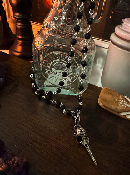 Gothic Silver Raven Skull Dual-Strand Beaded Necklace