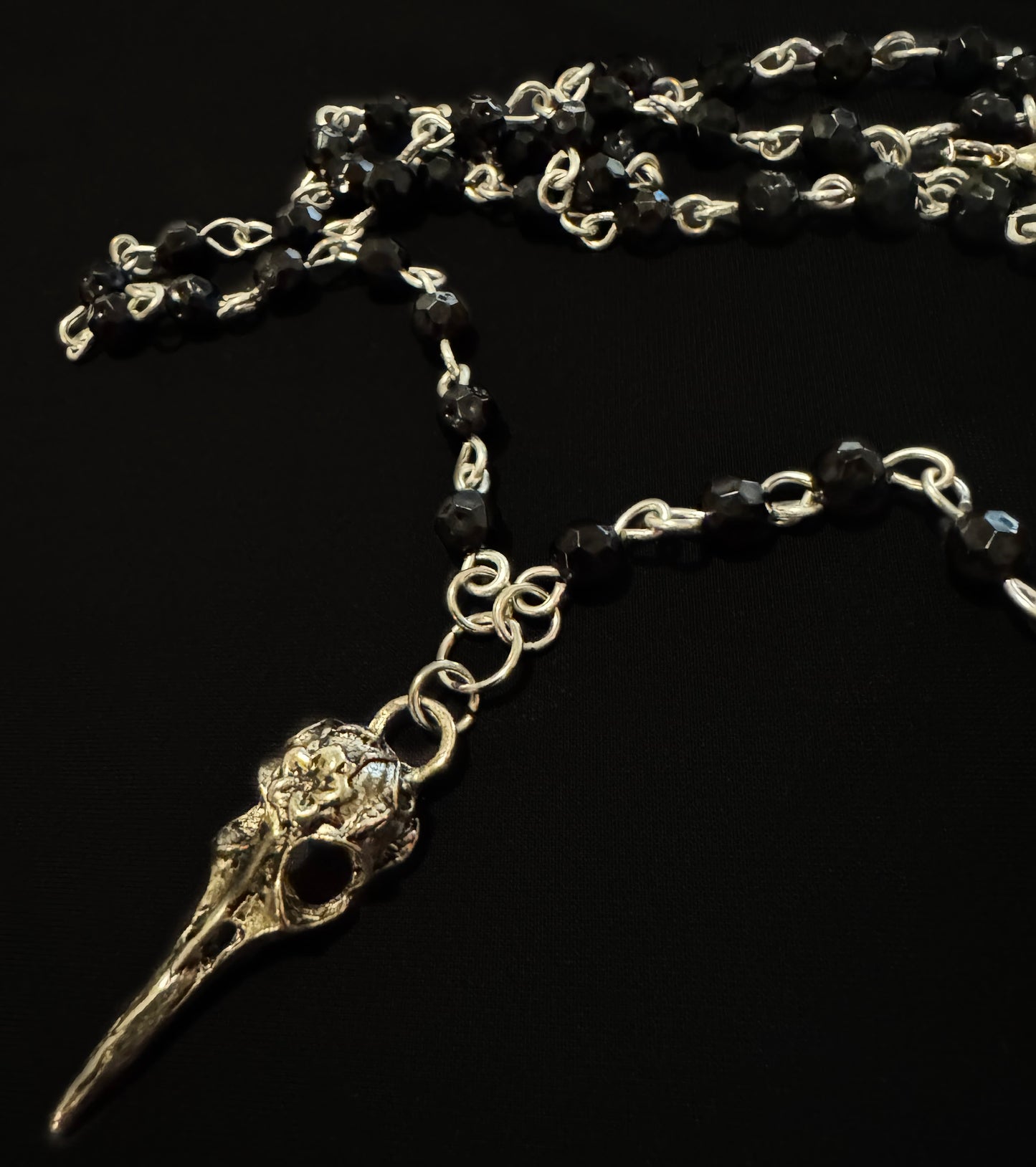 Gothic Silver Raven Skull Dual-Strand Beaded Necklace