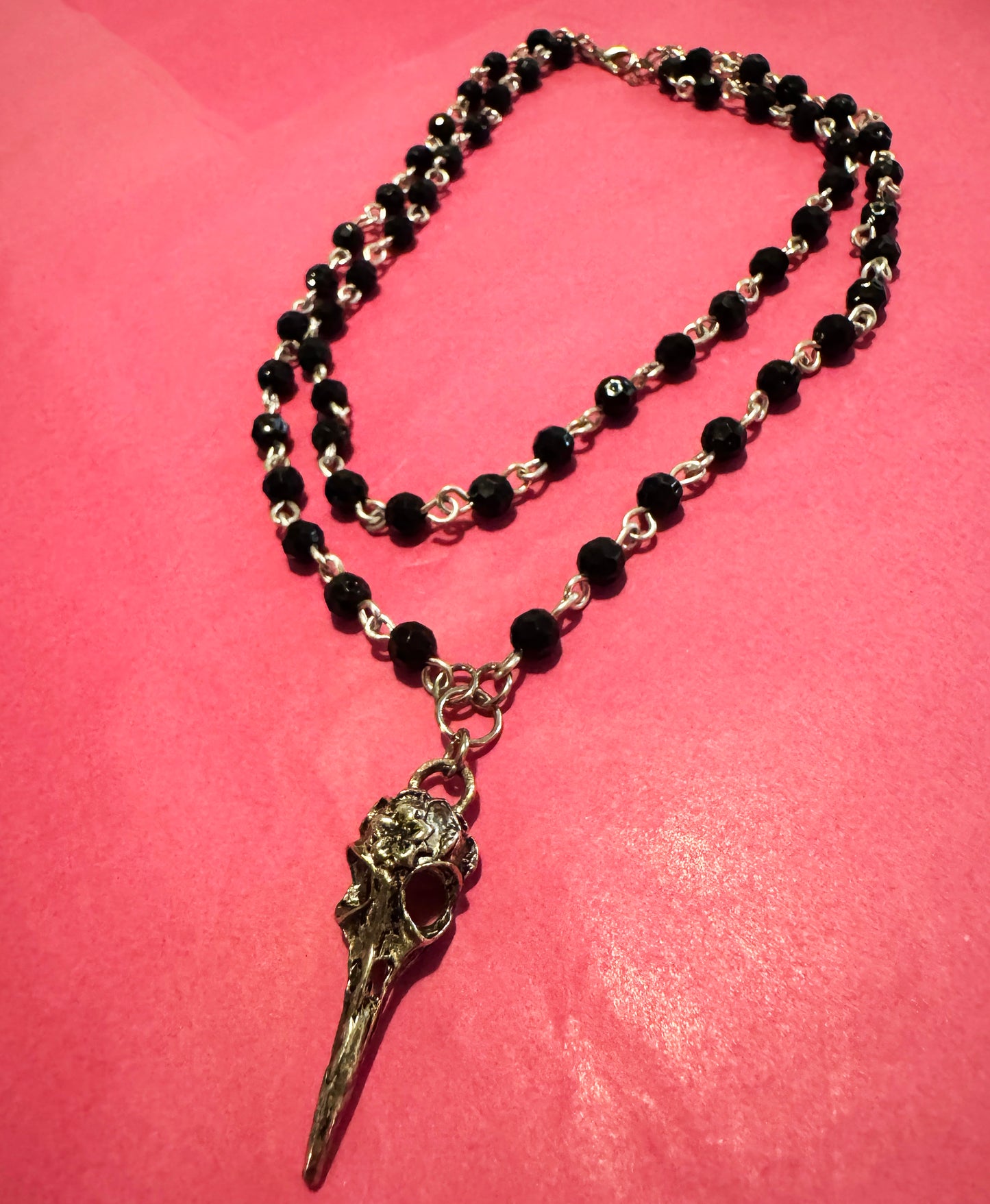 Gothic Silver Raven Skull Dual-Strand Beaded Necklace