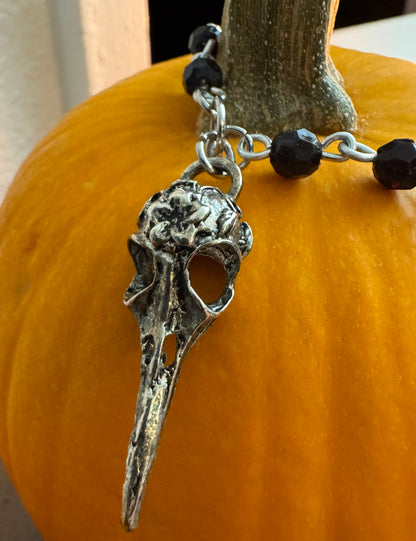Gothic Silver Raven Skull Dual-Strand Beaded Necklace