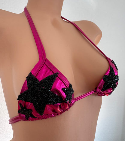 Hot Pink Foil Y2K McBling Thong Bikini Set with Rhinestone Stars