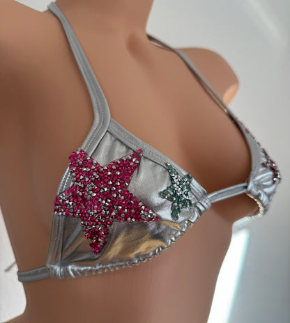 Rhinestone Stars Y2K McBling Silver Metallic Thong Bikini Set