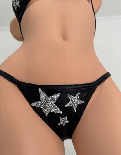 Rhinestone Stars Y2K McBling Vinyl-Look Thong Bikini Set