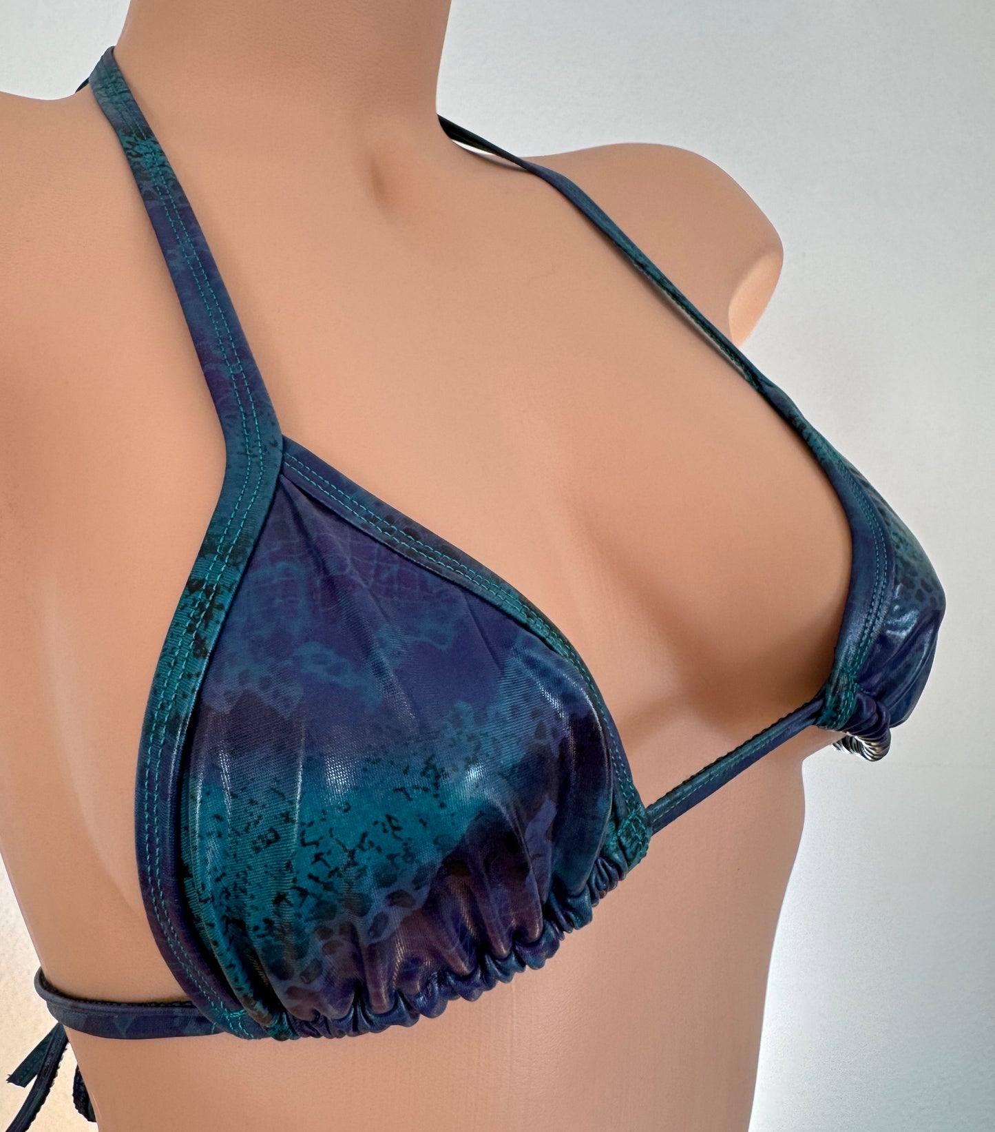 Blue and Green Shiny Snake Print Thong Bikini Set
