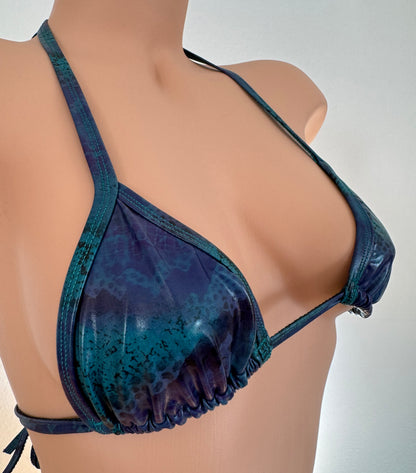Blue and Green Shiny Snake Print Thong Bikini Set