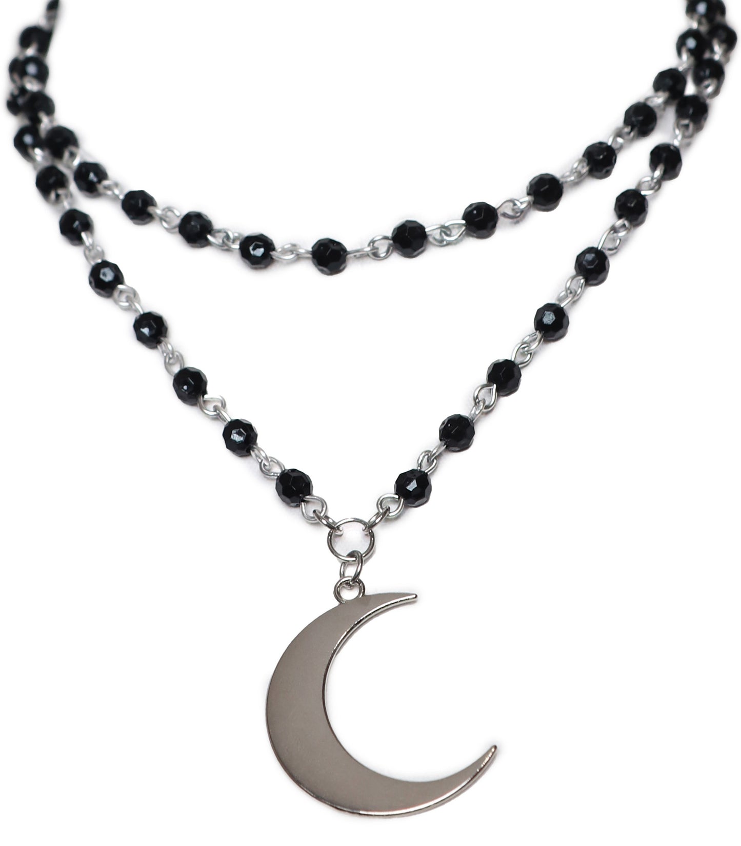 Dual Layer Black Faceted Bead Necklace with Silver Crescent Moon Pendant Charm