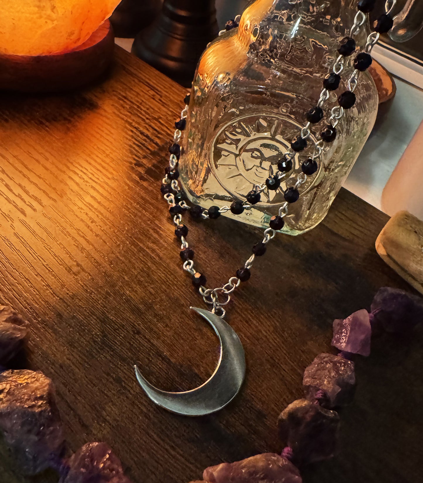 Dual Layer Black Faceted Bead Necklace with Silver Crescent Moon Pendant Charm