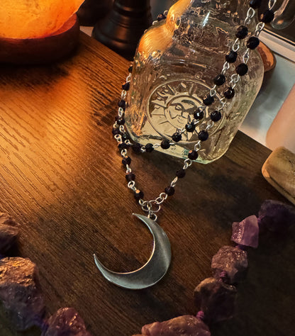 Dual Layer Black Faceted Bead Necklace with Silver Crescent Moon Pendant Charm