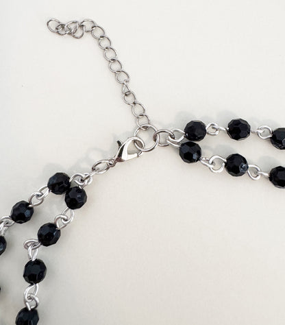 Gothic Silver Raven Skull Dual-Strand Beaded Necklace