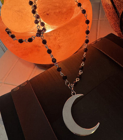 Dual Layer Black Faceted Bead Necklace with Silver Crescent Moon Pendant Charm