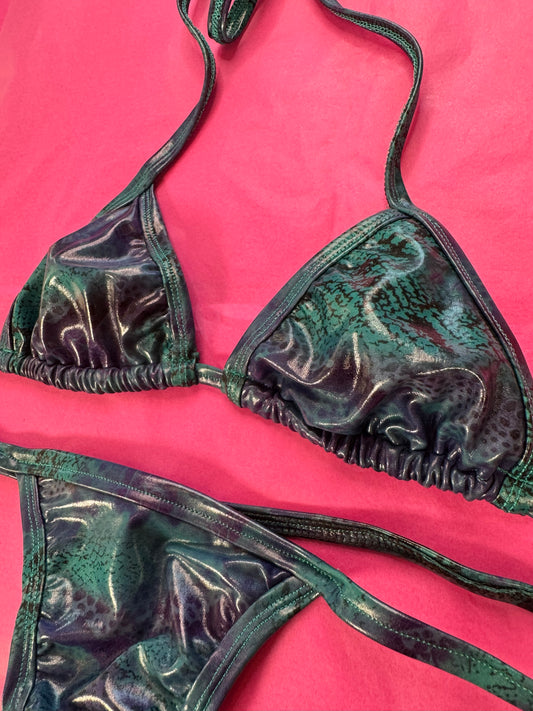 Blue and Green Shiny Snake Print Thong Bikini Set