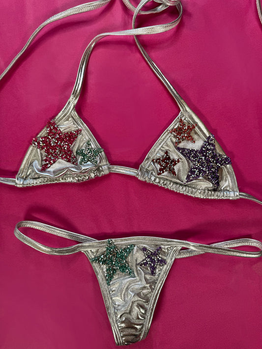 Rhinestone Stars Y2K McBling Silver Metallic Thong Bikini Set