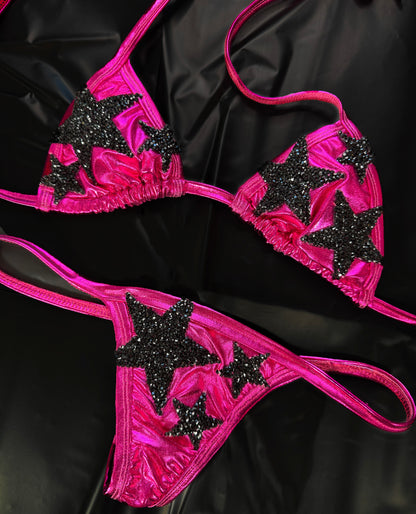 Hot Pink Foil Y2K McBling Thong Bikini Set with Rhinestone Stars