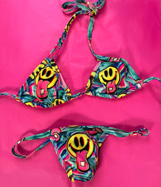 L*S*D Trippy Smiley Faces Psychedelic Thong Bikini Set