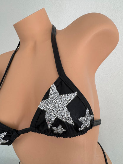 Rhinestone Stars Y2K McBling Vinyl-Look Thong Bikini Set