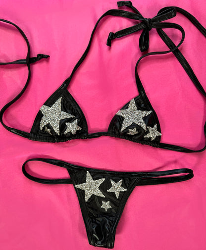 Rhinestone Stars Y2K McBling Vinyl-Look Thong Bikini Set