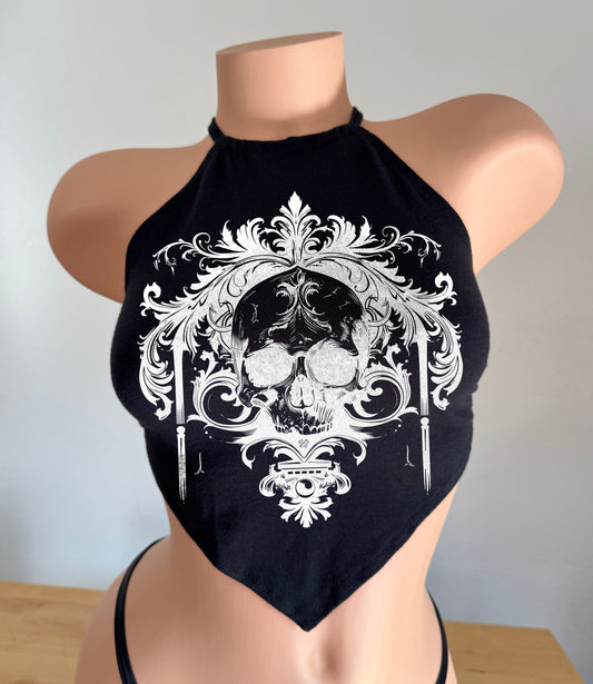 Y2K Skull Filagree Print Black Handkerchief Tie Back Halter Top